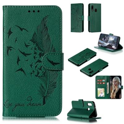 Feather patroon Litchi textuur horizontale Flip lederen draagtas met portemonnee & houder & kaartsleuven voor Galaxy A20e (groen)