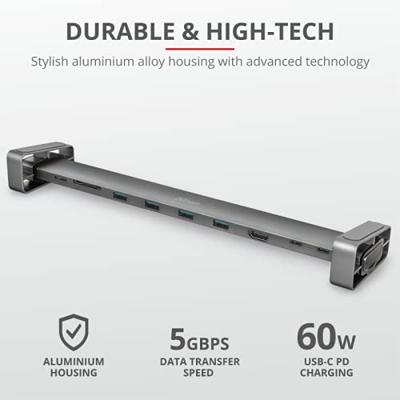 Trust Dalyx 10-In-1 Usb-C-Dockingstation, HDMI-, Netwerk-, Kaartlezer-, USB-C- en USB-A-poorten, met Geïntegreerde Laptopstandaard, voor Laptop, MacBook, Tablet - Grijs