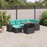 7-delige tuinbankset met kussens van zwart polyrotan - thumbnail