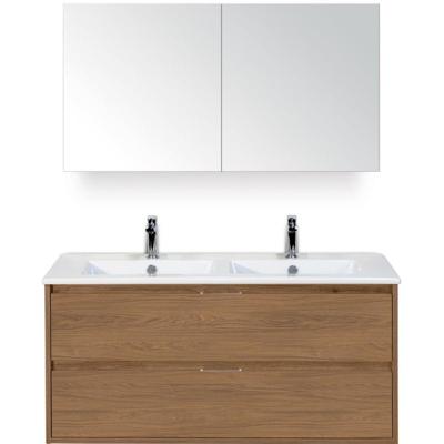 Porto Badmeubelset 120 cm - 2 Laden Honey - Keramische Wastafel Wit Slim met Spiegelkast