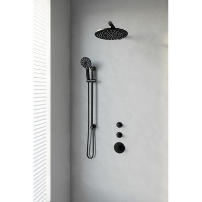 Black Edition thermostatische inbouw regendouche SET 20, 30 cm douchekop, rechte muurarm, 3-standen handdouche, doucheslang en geïntegreerde glijstang mat zwart