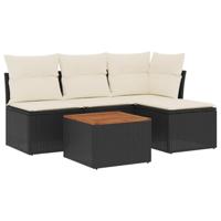 5-delige Loungeset met kussens poly rattan zwart - thumbnail