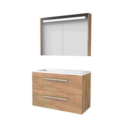Basic-Line Premium 46 Badkamermeubelset - 100 x 46 cm - Met Grepen - 2 Lades - Acryl Wastafel - 1 Kraangat - Spiegelkast met LED Verlichting - Whisky Oak