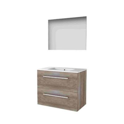 Basic-Line Basic 46 Badkamermeubelset - 80 x 46 cm - Met Grepen - 2 Lades - Keramische Wastafel - 1 Kraangat - Spiegel - Scotch Oak