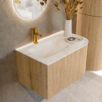 Mondiaz KURVE-DLUX 75 cm Onderkast Greeploos 1 Lade Met Deuren Oak, Wastafel Solid Surface Links Ostra 1 Kraangat Zonder Spiegel (KRVGRU75R1L1D1KL-Oak/Ost) - thumbnail