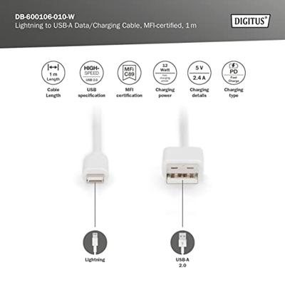 Digitus 1m, Lightning/USB-A 1m USB A Lightning Wit