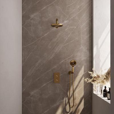 Brauer Gold Edition Thermostatische Regendoucheset Inbouw - Hoofddouche 20 cm - Rechte Wandarm - 3 Weg - Handdouche 3 Standen - Doucheslang - Wandaansluitbocht - Geborsteld Goud