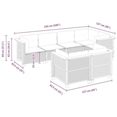 7-delige Loungeset met kussens poly rattan zwart