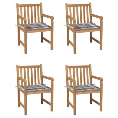 Tuinstoelen 4 st met grijs geruite kussens massief teakhout