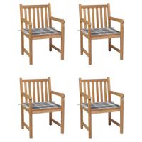 Tuinstoelen 4 st met grijs geruite kussens massief teakhout - thumbnail