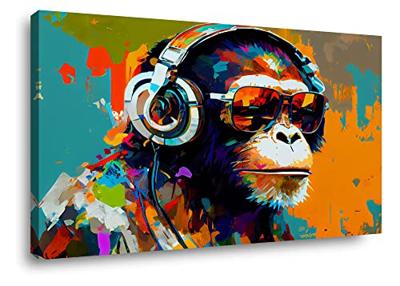 Schilderij - Aap met Koptelefoon, Multi gekleurd, 80X60cm, 1luik