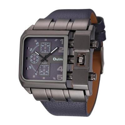 Oulm 3364 mannen vierkante wijzerplaat lederen riem quartz horloge (blauw)