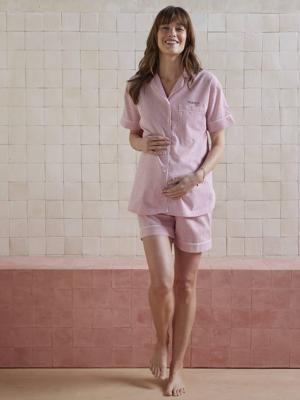 Gestreepte seersucker pyjama short voor zwangerschap en borstvoeding rozen