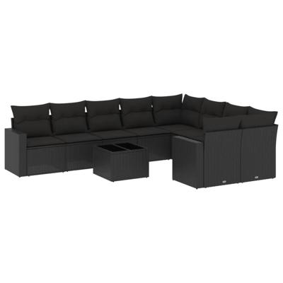 10-delige Loungeset met kussens poly rattan zwart - thumbnail