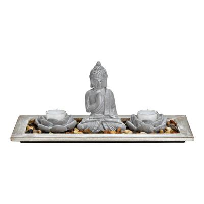 Buddha met 2 theelichthouders, houten dienblad, decoratiestenen van grijs cement (B/H/D) 33x14x14cm Buddha met 2 theelichthouders, houten dienblad, decoratiestenen van grijs cement (B/H/D) 33x14x14cm