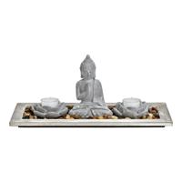 Buddha met 2 theelichthouders, houten dienblad, decoratiestenen van grijs cement (B/H/D) 33x14x14cm - thumbnail