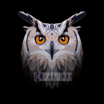 Schilderij - Uil, digitaal , Zwart beige oranje , 3 maten , Premium print