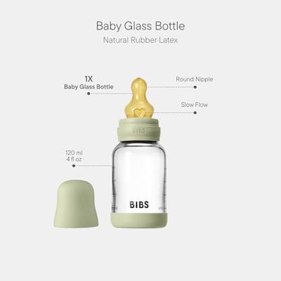 BIBS Glas Latex Slow Flow Babyfles 0+ Maanden Sage BIBS Glas Latex Slow Flow Babyfles 0+ Maanden Sage