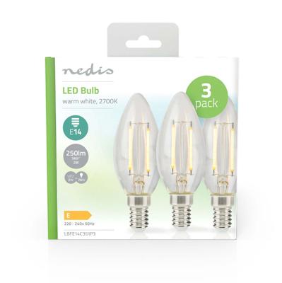 Nedis LBFE14C351P3 Led-filamentlamp E14 Kaars 2 W 250 Lm 2700 K Warm Wit Aantal Lampen In Verpakking: 3 Stuks Doorzichtig Nedis LBFE14C351P3 Led-filamentlamp E14 Kaars 2 W 250 Lm 2700 K Warm Wit Aantal Lampen In Verpakking: 3 Stuks Doorzichtig