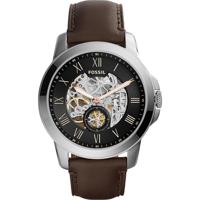 Fossil Heren ME3095 Grant automatisch bruin lederen horloge met skelet wijzerplaat - thumbnail