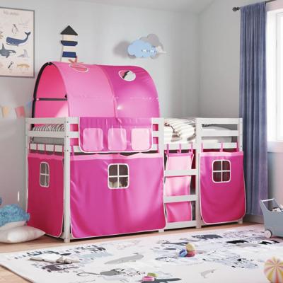 Stapelbed met gordijnen 90x200 cm grenenhout roze