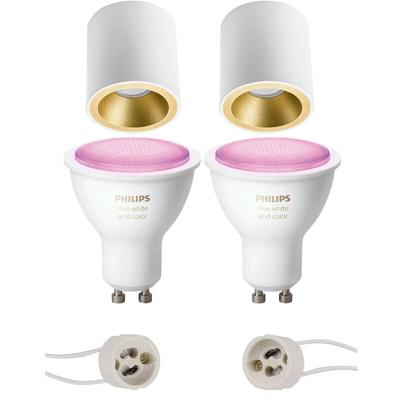 Pragmi Cliron Pro - Opbouw Rond - Mat Wit/goud - Verdiept - Ø90mm - Philips Hue - Opbouwspot Set Gu10 - White And Color