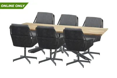 Robusto teak tafelblad 280 X 95 cm met Minerva frame en 6 Primavera diningstoelen