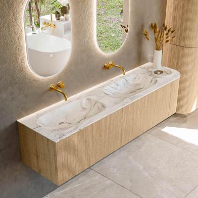 Mondiaz KURVE-DLUX 175 cm Onderkast Greeploos 2 Lades Met Deuren Oak, Wastafel Solid Surface Links Glace 0 Kraangaten Zonder Spiegel (KRVSTS175R2L1D0KD-Oak/Gla)