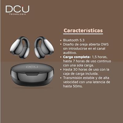 DCU TECNOLOGIC - Bluetooth 5.3 Clip Buds hoofdtelefoon - Draadloos - Meerpuntsverbinding - 7 uur ononderbroken gebruikstijd (eenmalig opladen) meer dan 30 uur met oplaadcase. Kleur: Zwart