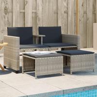 Tuinbank 2-zits tafel en voetenbanken poly rattan lichtgrijs - thumbnail