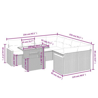 9-delige Loungeset met kussens poly rattan zwart