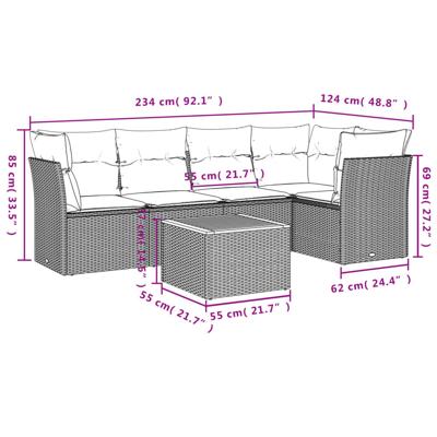 6-delige Loungeset met kussens poly rattan grijs - thumbnail