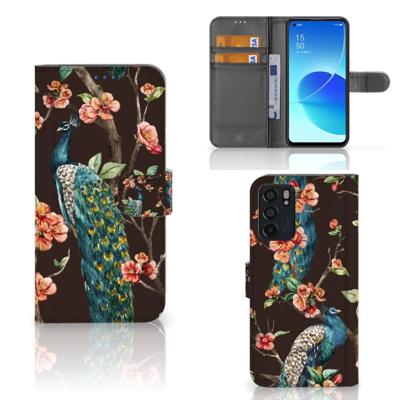 OPPO Reno6 5G | Telefoonhoesje | Met pasjeshouder | Pauw met Bloemen OPPO Reno6 5G | Telefoonhoesje | Met pasjeshouder | Pauw met Bloemen