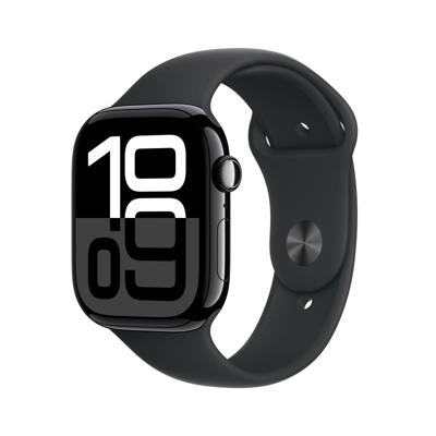Apple Watch Series 10 (GPS 46 mm) Smartwatch - Kast van gitzwart aluminium - Zwart sportbandje (S/M). Conditie bijhouden, Ecg-app, always on Retina-display, waterbestendig
