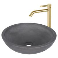 Waskomset Differnz Ravano Beton 40x12 cm Antraciet met Hoge Wastafelkraan Mat Goud - thumbnail