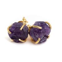Edelsteen Oorstekers Ruwe Amethist - 925 Zilver & Verguld - thumbnail