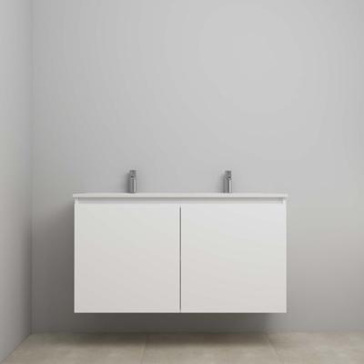 On-Line Onderkast - 120 cm - Bouwpakket - Greeploos 2 Deuren - Porseleinen Wastafel - 2 Kraangaten - Mat Wit