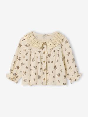 Bedrukte babyblouse met gehaakte kraag vanille Bedrukte babyblouse met gehaakte kraag vanille