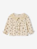 Bedrukte babyblouse met gehaakte kraag vanille - thumbnail