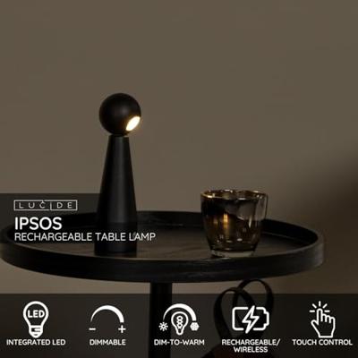 Lucide IPSOS - Oplaadbare Tafellamp - Accu/Batterij - LED Dimb. - 1x3W 2700K - Zwart