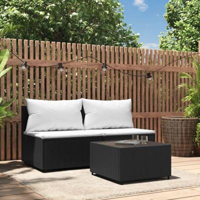 3-delige Loungeset met kussens poly rattan zwart