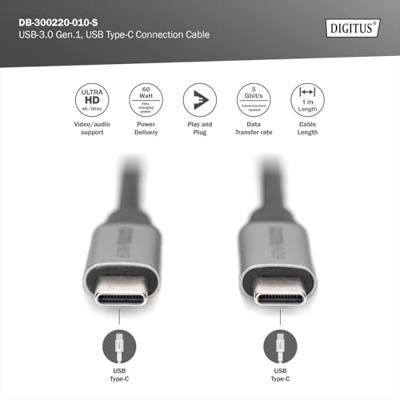Digitus DB-300220-010-S USB-kabel USB 3.2 Gen1 USB-C, USB-C stekker 1.00 m Zwart Flexibel, Afgeschermd, Met USB