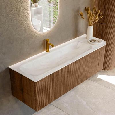 Mondiaz KURVE-DLUX 145 cm Onderkast Greeploos 1 Lade Met Deuren Walnut, Wastafel Solid Surface Links Ostra 1 Kraangat Zonder Spiegel (KRVBGL145R1L1D1KL-Wal/Ost)