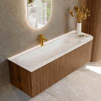 Mondiaz KURVE-DLUX 145 cm Onderkast Greeploos 1 Lade Met Deuren Walnut, Wastafel Solid Surface Links Ostra 1 Kraangat Zonder Spiegel (KRVBGL145R1L1D1KL-Wal/Ost) - thumbnail