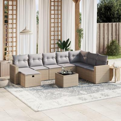 9-delige Loungeset met kussens poly rattan gemengd beige