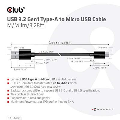CLUB3D CAC-1408 USB-kabel 1 m USB 3.2 Gen 1 (3.1 Gen 1) USB A Micro-USB B Zwart CLUB3D CAC-1408 USB-kabel 1 m USB 3.2 Gen 1 (3.1 Gen 1) USB A Micro-USB B Zwart