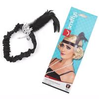 Charleston hoofdband zwart met veer en juwelen detail - thumbnail