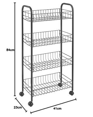 Metaltex ascona trolly met wielen + 4 manden 41x23x84 cm mat zwart/metaal