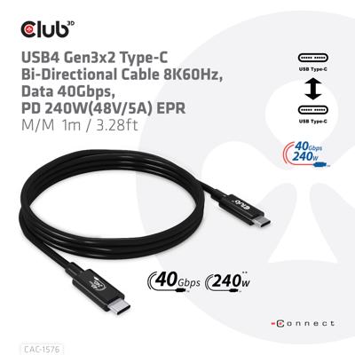 Club3D USB4 Gen 3x2 40Gbps 240W USB Type-C 1m USB-IF gecertificeerd