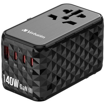 Verbatim UTA-10 GaN III Reislader 140 W 1x USB-A, 3x USB-C USB PD, USB PD 3.1, QC 3.0, QC 4+, PPS, Fast Charge, SuperCharge, Adaptive Fast Charge Zwart, Grijs Verbatim UTA-10 GaN III Reislader 140 W 1x USB-A, 3x USB-C USB PD, USB PD 3.1, QC 3.0, QC 4+, PPS, Fast Charge, SuperCharge, Adaptive Fast Charge Zwart, Grijs